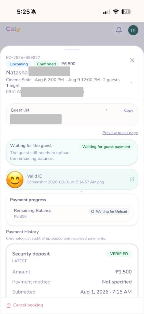 Host booking management in Caly